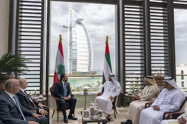 Sheikh Mohamed bin Zayed, Crown Prince of Abu Dhabi and Deputy Supreme Commander of the UAE Armed Forces (third right), meets with Saad Hariri, Prime Minister of Lebanon (fourth right), during the 2019 World Government Summit. Ryan Carter for the Ministry of Presidential Affairs