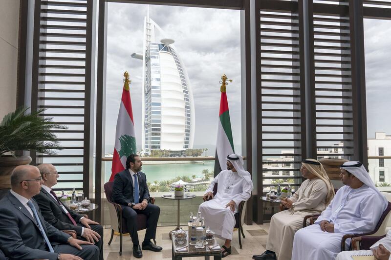 JUMEIRAH, DUBAI, UNITED ARAB EMIRATES - February 10, 2019: HH Sheikh Mohamed bin Zayed Al Nahyan Crown Prince of Abu Dhabi Deputy Supreme Commander of the UAE Armed Forces (3rd R), meets with HE Saad Hariri, Prime Minister of Lebanon (4th R), during the 2019 World Government Summit. Seen with HE Dr Anwar bin Mohamed Gargash, UAE Minister of State for Foreign Affairs (2nd L) and HE Hamad Saeed Al Shamsi, UAE Ambassador to Lebanon (R).

( Ryan Carter for the Ministry of Presidential Affairs )
---