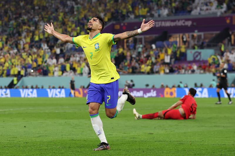 Lucas Paqueta celebrates after scoring the Braziil's fourth goal. Getty