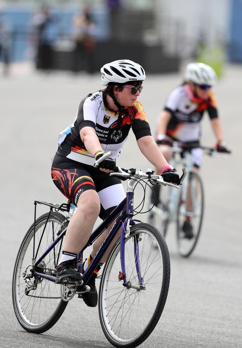 Abu Dhabi, United Arab Emirates - March 17, 2019: Corinna Frank of Germany competes in the 5km time trial during the cycling at the Special Olympics. Sunday the 17th of March 2019 Yas Marina Circuit, Abu Dhabi. Chris Whiteoak / The National