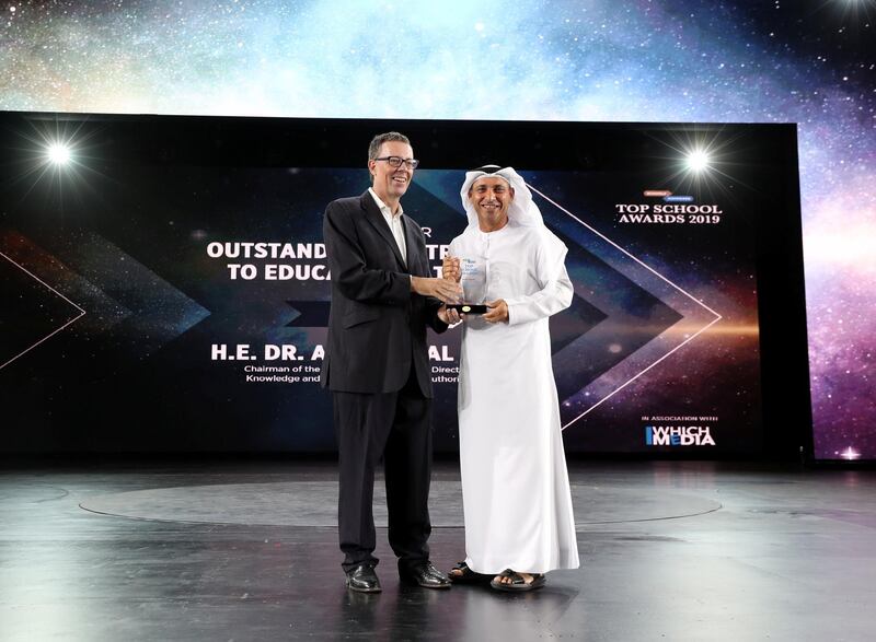 Dubai, United Arab Emirates - March 07, 2019: HE Dr Abdulla Al Karam wins Outstanding contribution to education in the UAE at the Top School Awards 2019 at the Rajmahal Theatre, Dubai. Thursday the 7th of March 2019 at Bollywood Parks, Dubai. Chris Whiteoak / The National