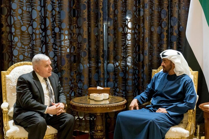 ABU DHABI, UNITED ARAB EMIRATES - March 07, 2018: HH Sheikh Mohamed bin Zayed Al Nahyan, Crown Prince of Abu Dhabi and Deputy Supreme Commander of the UAE Armed Forces (R), meets with Retired General Anthony Zinni, former Commander in Chief of the United States Central Command (L), at Al Shati Palace.

( Rashed Al Mansoori / Crown Prince Court - Abu Dhabi )
---
