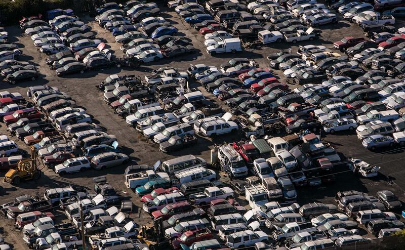 SANTA ROSA, CA - OCTOBER 13: An automobile junkyard near Charles M. Schulz Airport is viewed from the air on October 13, 2015, in Santa Rosa, California. Sonoma County, an agriculturally diverse wine region located an hour north of San Francisco, plays host to more than 7 million tourists each year. (Photo by George Rose/Getty Images)
