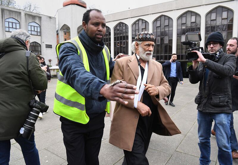 Stabbing victim Muslim prayer leader Raafat Maglad arrives at the London Central Mosque after being released from hospital, Friday Feb. 21, 2020. A man was arrested on suspicion of attempted murder after an official at one of London's biggest mosques was stabbed during afternoon prayers on Thursday. (Kirsty O'Connor/PA via AP)