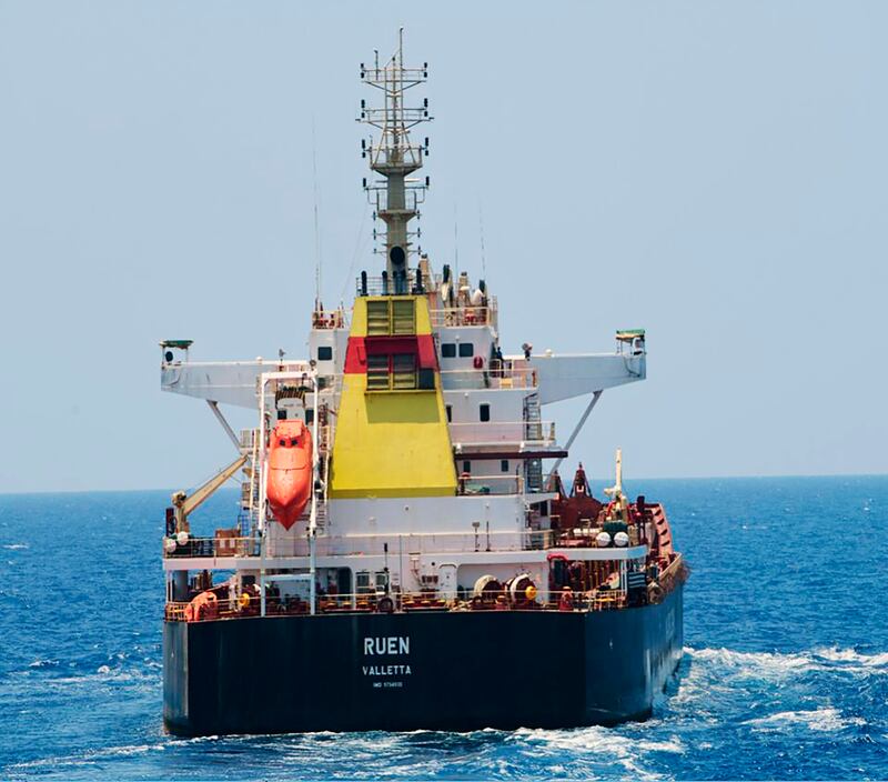 The hijacked ship MV Ruen. Indian Navy on X / AP