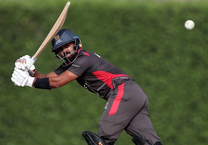 UAE's Basil Hameed bats against Namibia in the Cricket World Cup League 2 match at ICC Academy in Dubai on Tuesday, March 8, 2022. All images by Chris Whiteoak / The National