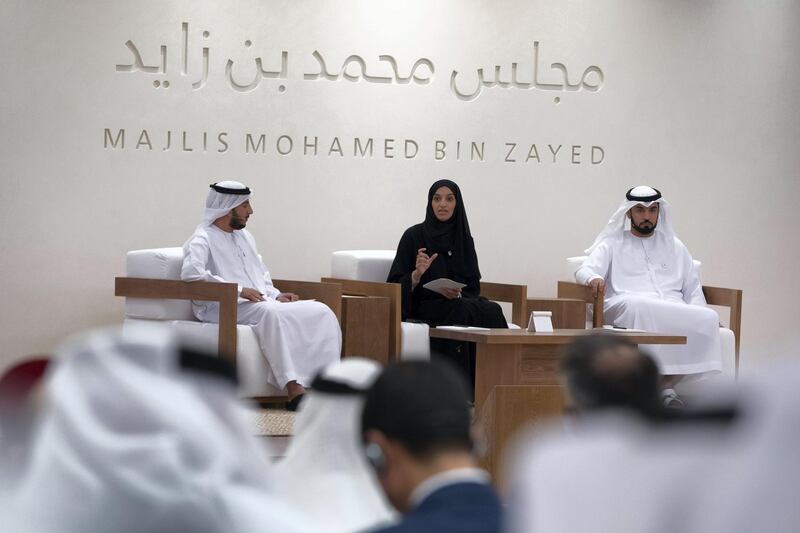 ABU DHABI, UNITED ARAB EMIRATES - May 15, 2019:  Maria Al Hatali (C) and Abdulrahman Al Shamsi (R) and, host a panel discussion titled: “The Manipulation of Religious texts by Extremists”, at Majlis Mohamed bin Zayed. 

( Hamad Al Mansouri for the Ministry of Presidential Affairs )​
---