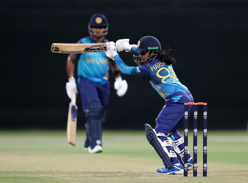 Sri Lanka's Harshitha Samarawickrama hits out before she was dismissed LBW for eight runs by Katherine Fraser.