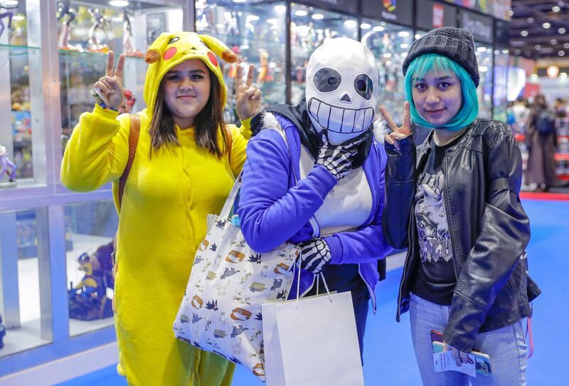 Dubai, April 12, 2019.  MEFCC day 2- (L-R) Maha Mansour as Pikachu, Alya ali as Sans from Undertale and Maitha Alnuaimi as Chloe from life is strange.
Victor Besa/The National.
Section:  AC  
Reporter:  Chris Newbould