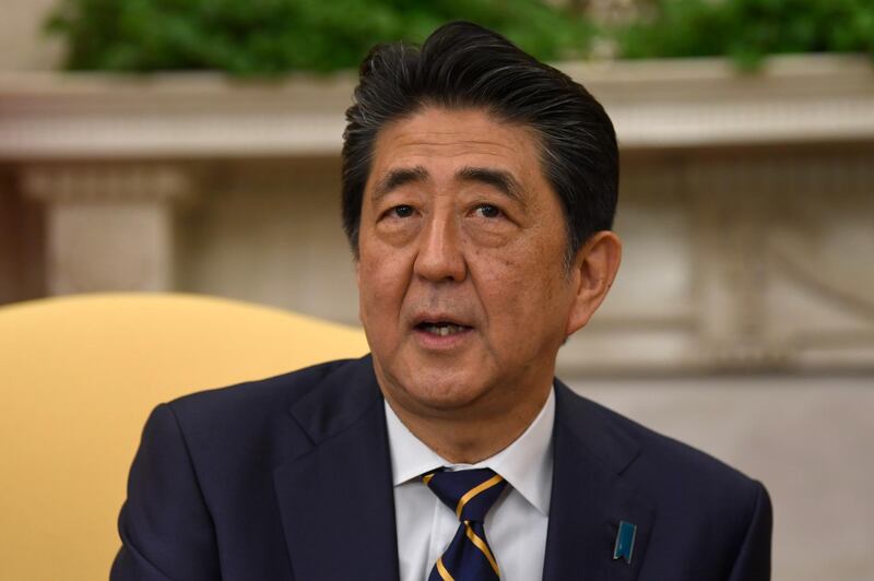 Japanese Prime Minister Shinzo Abe speaks during a meeting with President Donald Trump in the Oval Office of the White House in Washington, Friday, April 26, 2019. The meeting comes on the heels of the recent nuclear talks between North Korean leader Kim Jong Un and President Vladimir Putin of Russia. (AP Photo/Susan Walsh)