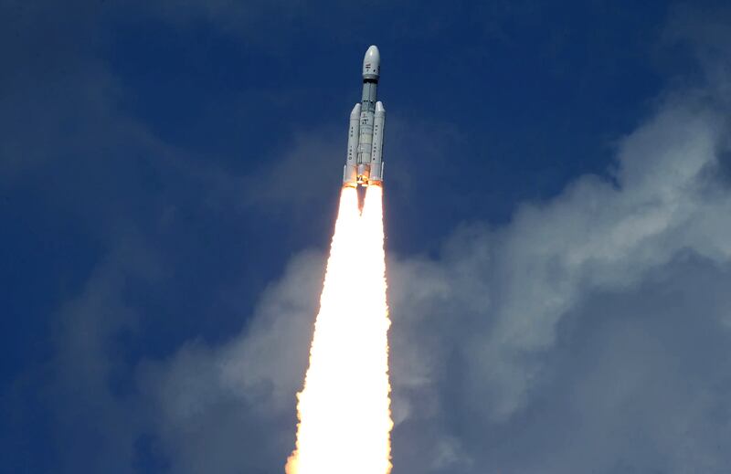 India's Launch Vehicle Mark-III rocket carries the Chandrayaan-3 lunar landing spacecraft to space on July 14, 2023. Photo: Isro / EPA 
