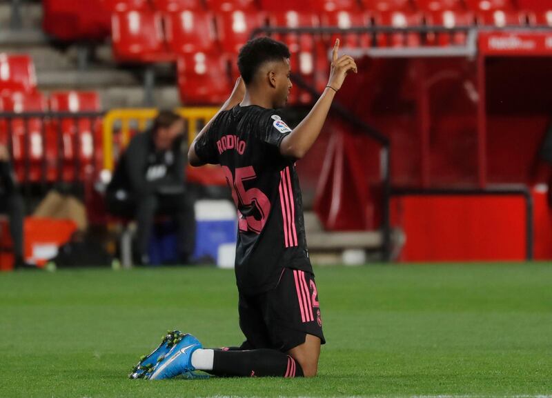 Real Madrid's Rodrygo celebrates scoring their second goal. Reuters