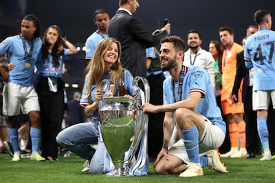 Bernardo Silva with his wife Ines Tomaz after Manchester City defeated Inter Milan in Istanbul to win the Champions League on June 10, 2023. Getty Images