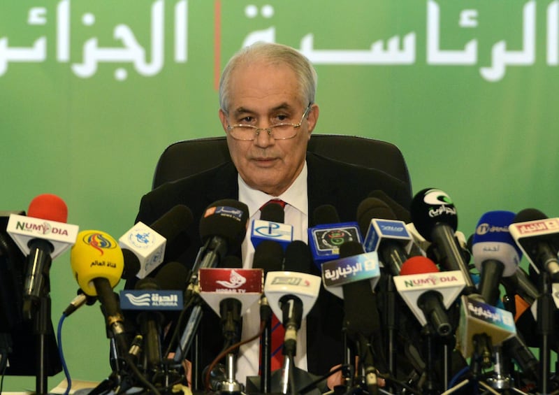 (FILES) In this file photo taken on April 18, 2014, then  Algerian Interior Minister Tayeb Belaiz announces the results of the presidential election during a press conference in Algiers. Belaiz, the head of Algeria's constitutional council stepped down today after weeks facing the ire of protesters, state television reported.
 / AFP / Farouk Batiche
