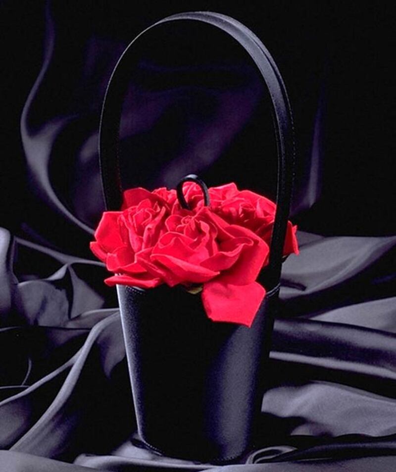 Florist's Basket bag by Lulu Guinness made of satin and velvet, - the bag that started it all. Courtesy V&A Museum