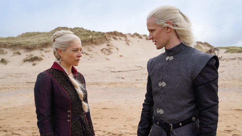 Rhaenyra Targaryen (Emma D’arcy) and Daemon Targaryen (Matt Smith) in a still shared from the 'House of the Dragon' set. HBO