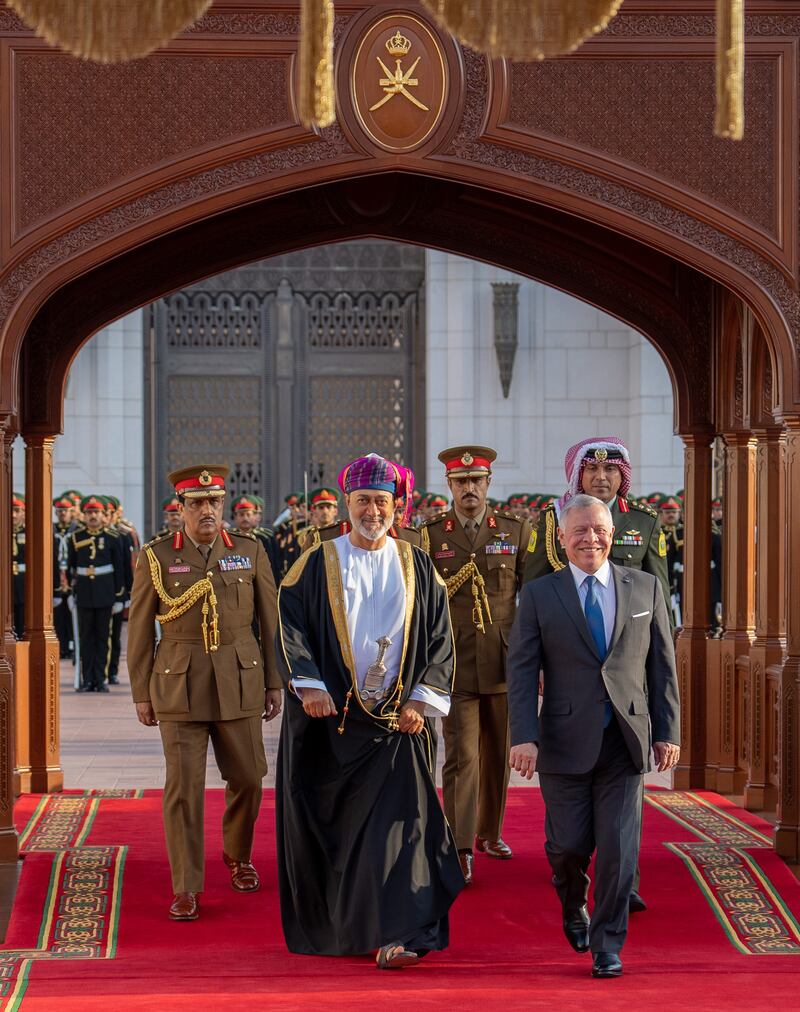 Sultan Haitham of Oman greets Jordan's King Abdullah II upon his visit to Oman. Photo: Oman News Agency