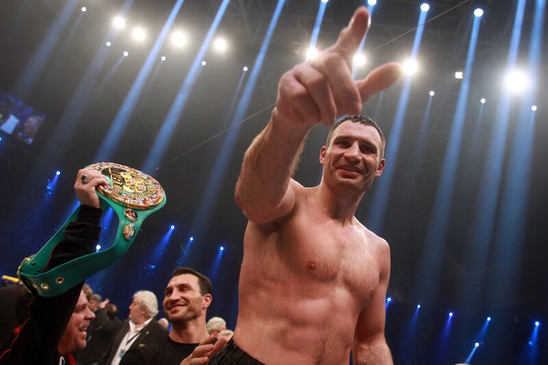 Klitschko celebrates after winning his WBC Heavyweight World Championship fight against Dereck Chisora of Great Britain in Munich, Germany, in 2012. Getty Images