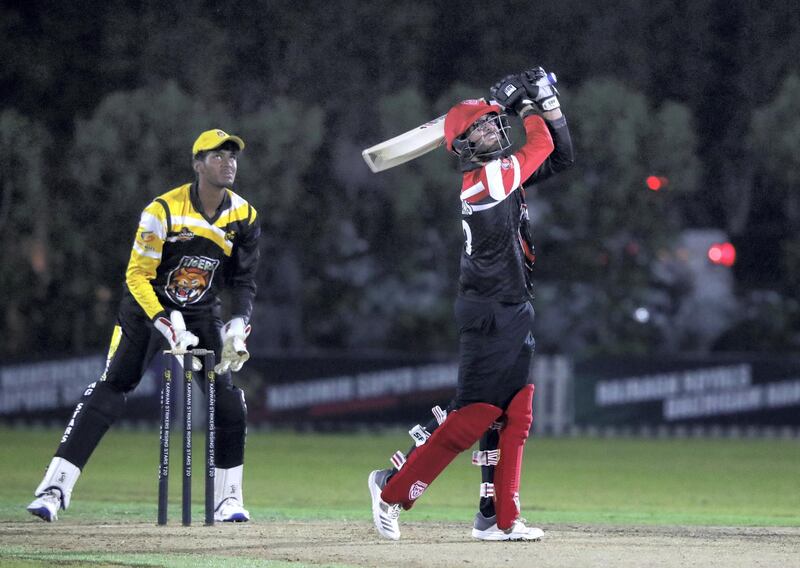 Ajman, United Arab Emirates - Reporter: Paul Radley. Sport. Cricket. Panther's Ronak Panoly bats during the game between Panthers vs Tigers in the Karwan Rising Stars F40 Final. Thursday, February 11th, 2021. Ajman. Chris Whiteoak / The National