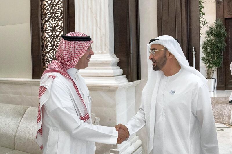 ABU DHABI, UNITED ARAB EMIRATES - May 28, 2018: HH Sheikh Mohamed bin Zayed Al Nahyan, Crown Prince of Abu Dhabi and Deputy Supreme Commander of the UAE Armed Forces (R) receives HE Dr Awwad Saleh Al Awwad, Minister of Culture and Information of Saudi Arabia (L), during an iftar reception at Al Bateen Palace.
 ( Hamad Al Kaabi / Crown Prince Court - Abu Dhabi )
---