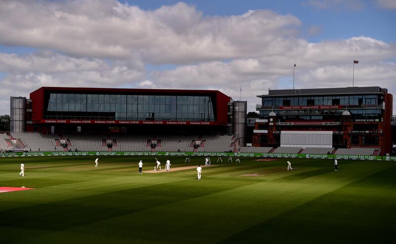 Stuart Broad bowling for England at Old Trafford. Getty