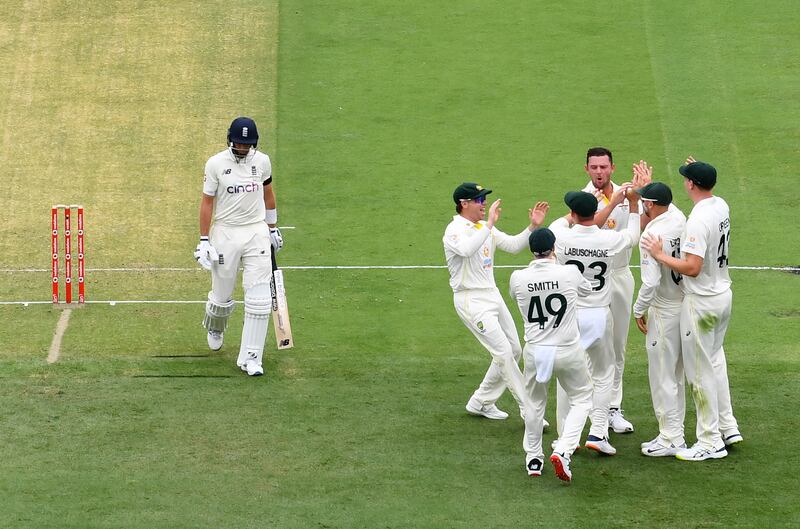 England captain Joe Root departs for a duck after his dismissal by Josh Hazlewood. EPA