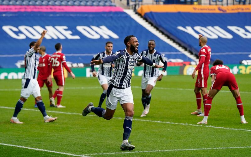 Kyle Bartley celebrates after scoring for West Brom before the goal was disallowed by VAR. Getty