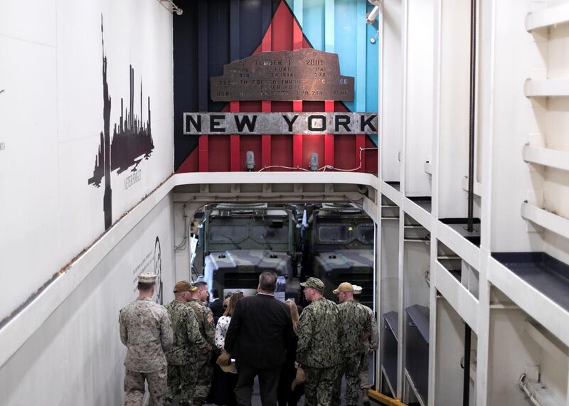 ABU DHABI, UNITED ARAB EMIRATES. 20 FEBRUARY 2020. 
WTC Steel section on board of transport dock ship USS New York (LPD 21) in Mina Zayed Port.

Inscription reads: 
“WTC
SEPTEMBER 11 2001
NYPD 23 KIA
FDNY 343 KIA
PAPD 23 KIA
STRENGTH FORGED THROUGH SACRIFICE
NEVER FORGET
USN USS NEW YORK USMC
11-07-09”

(Photo: Reem Mohammed/The National)

Reporter:
Section: