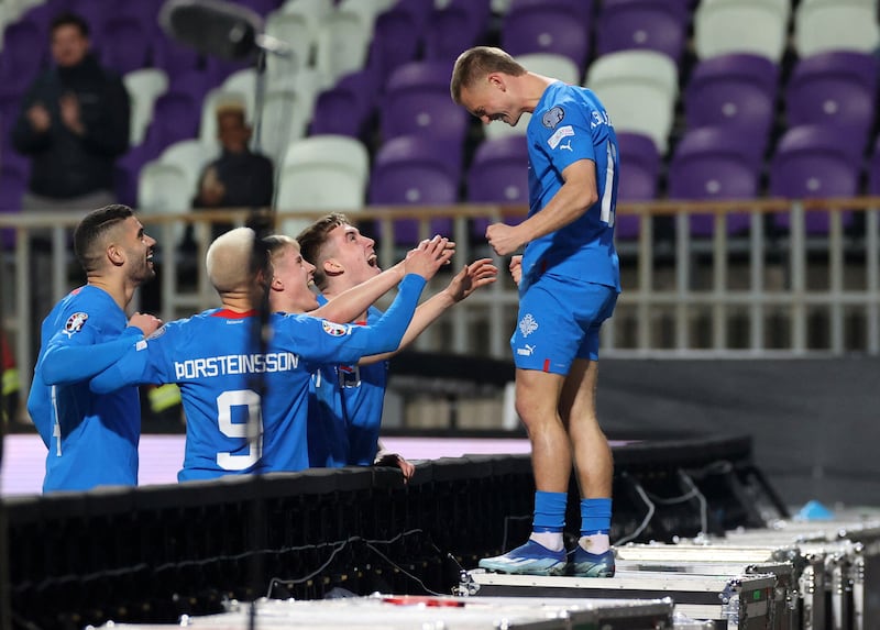 Albert Gudmundsson celebrates scoring Iceland's fourth goal and completing his hat-trick in the 4-1 win over Israel in the Euro 2024 play-off match at Szusza Ferenc Stadion in Budapest, Hungary on March 21, 2024. Reuters