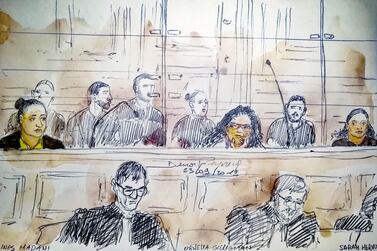 A court sketch shows (LtoR) Ines Madani, Ornella Gilligmann and Sarah Hervouet. AFP