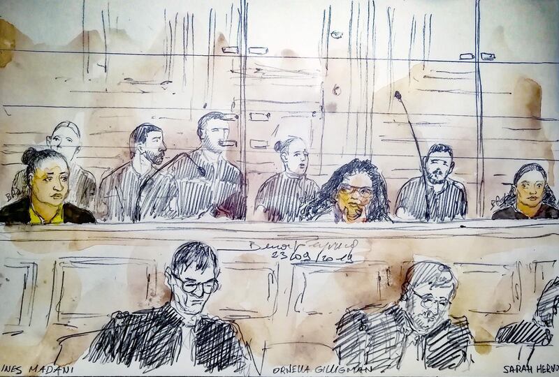 (FILES) This file court sketch made on September 23, 2019 in Paris courthouse, shows (LtoR) Ines Madani, Ornella Gilligmann and Sarah Hervouet during the trial of five women on charges of an alleged plot to detonate a car bomb in front of Paris' Notre-Dame cathedral. French nationals Ornella Gilligmann and Inès Madani were sentenced to 25 and 30 years' of imprisonment on October 14, 2019. The women, who were tried before the special assize court in Paris for the failed attack near Notre-Dame in September 2016. Hervouet was sentenced to 20 years. / AFP / Benoit PEYRUCQ
