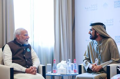 Mr Modi met Sheikh Mohammed bin Rashid, Vice President and Ruler of Dubai, during his two-day visit. AFP
