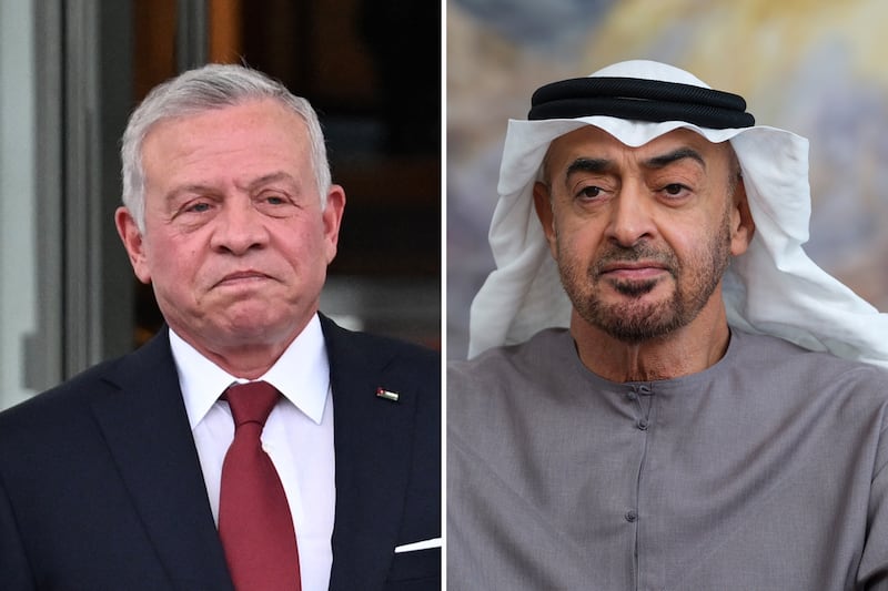 President Sheikh Mohamed discussed the Gaza crisis with Jordan's King Abdullah II. AFP/ Presidential Court