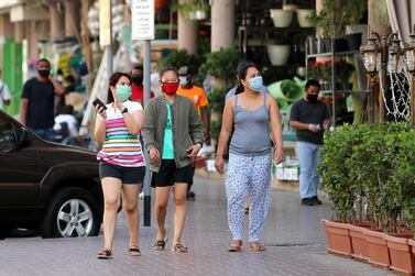 Dubai, United Arab Emirates - Reporter: N/A: Coronavirus / Covid-19. Three ladies go shopping in Al Hudaiba Road, Satwa after the lifting of the 24hr lockdown. Saturday, April 25th, 2020. Dubai. Chris Whiteoak / The National