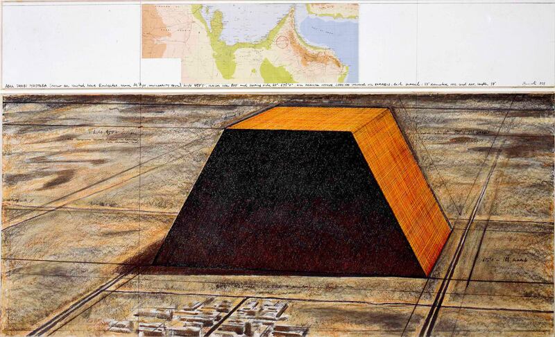 Christo's drawing for the Abu Dhabi mastaba is made with charcoal, pastel and wax crayon on paper.