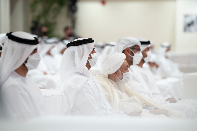 Sheikh Saif bin Zayed, second from left, and Sheikh Abdallah bin Bayyah, third from left, at the lecture