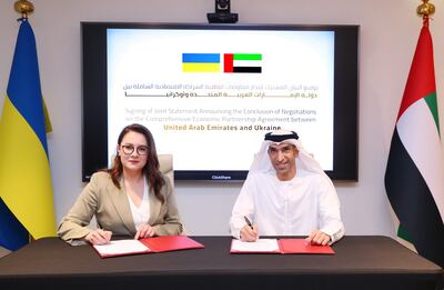 Dr Thani Al Zeyoudi, Minister of State for Foreign Trade, and Yulia Svyrydenko, Ukraine’s First Deputy Prime Minister and Minister of Economic Development and Trade, during the signing of a joint statement to conclude Cepa talks. Wam