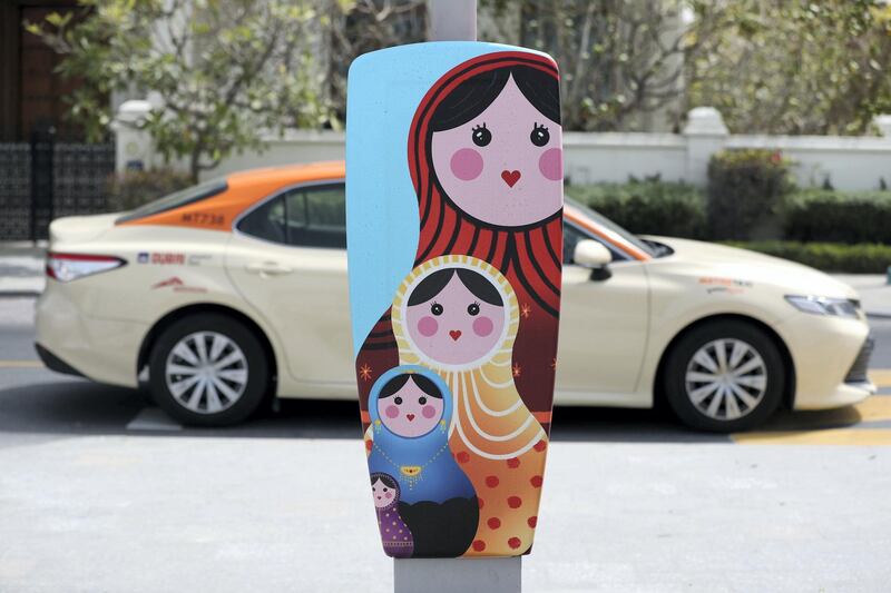 Dubai, United Arab Emirates - Reporter: N/A: Photo Project. Around 100 parking meters in Dubai have been enlivened with 15 artworks inspired by the themes of diversity and tolerance. Monday, March 2nd, 2020. Jumeirah, Dubai. Chris Whiteoak / The National