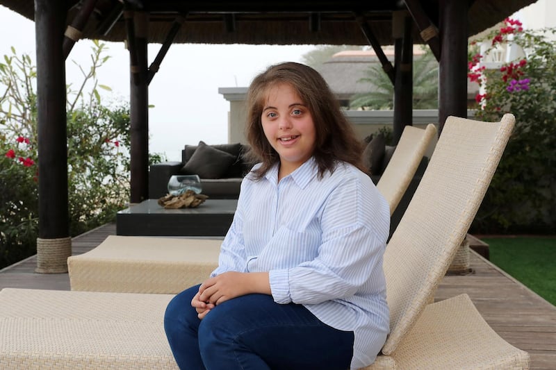 DUBAI , UNITED ARAB EMIRATES , February 03 – 2019 :- Chaica Al Qassimi , Emirati teenager, who has down syndrome and a black belt in karate at her villa on Palm Jumeirah in Dubai. ( Pawan Singh / The National ) For News. Story by Katy