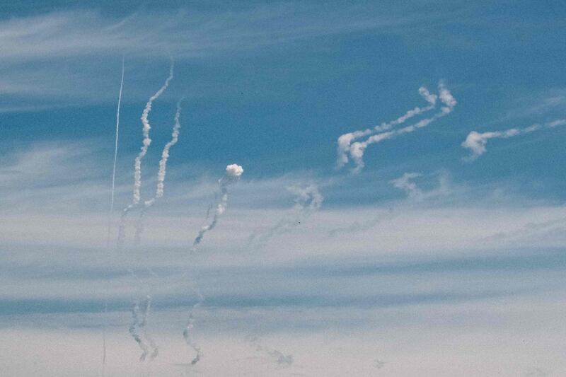 Rocket trails in the sky over Pylypchatyne, eastern Ukraine. AFP