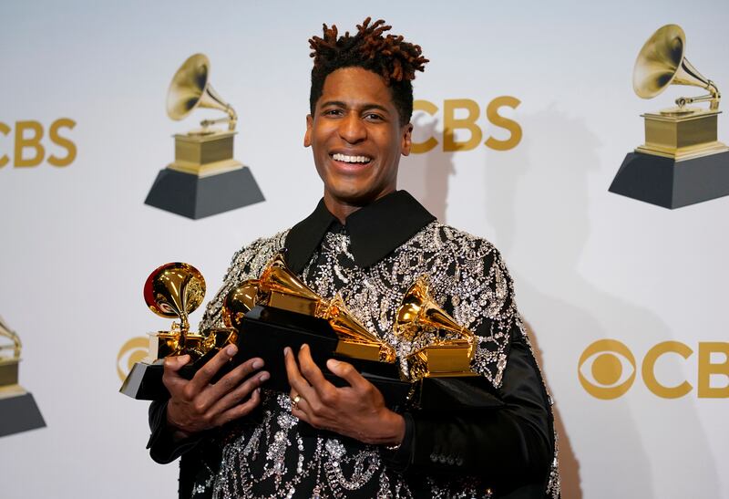 Jon Batiste, winner of the awards for best American roots performance for 'Cry,' best American roots song for 'Cry,' best music video for 'Freedom,' best score soundtrack for visual media for 'Soul,' and album of the year for 'We Are'. AP