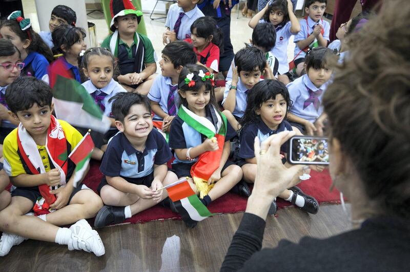 DUBAI, UNITED ARAB EMIRATES - Students from Gems Royal Dubai School speaking at UAE flag day.  Leslie Pableo for The National fro Anam Rizvi���s story