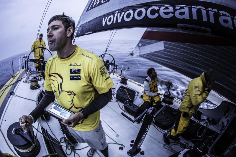 June 7, 2015. Leg 8 to Lorient onboard Abu Dhabi Ocean Racing. Day 0.  Simon "SiFi" Fisher tries to guess what the wind will do next after slipping back from the leaders en route to Lorient. Matt Knighton / Abu Dhabi Ocean Racing / Volvo Ocean Race