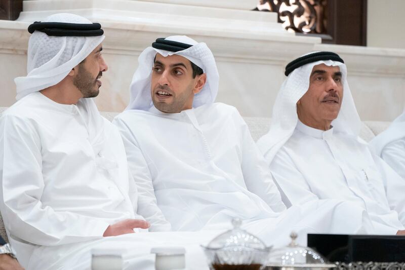 ABU DHABI, UNITED ARAB EMIRATES - May 21, 2019: (HH Sheikh Abdullah bin Zayed Al Nahyan, UAE Minister of Foreign Affairs and International Cooperation (L) and HH Sheikh Khaled bin Zayed Al Nahyan, Chairman of the Board of Zayed Higher Organization for Humanitarian Care and Special Needs (ZHO) (2nd L), attend an iftar reception, at Al Bateen Palace.

( Rashed Al Mansoori / Ministry of Presidential Affairs )
---