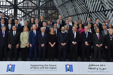 Officials from Europe and the Middle East pose for an official photograph on March 14, 2019 at the third Brussels donor conference for Syria. AFP