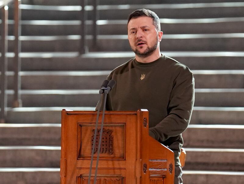 Ukrainian President Volodymyr Zelenskyy addresses British MPs in Westminster Hall, London. PA