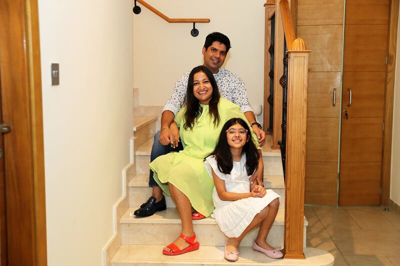 Viksit Khanna and Misha Khanna with daughter Siyona at their five-bedroom villa in Jumeirah Park, Dubai. All photos: Pawan Singh / The National