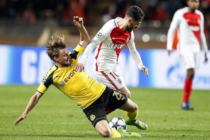 Bernardo Silva, right, in action for Monaco against Borussia Dortmund in the Uefa Champions League quarter-finals. Guillaume Horcajuelo / EPA