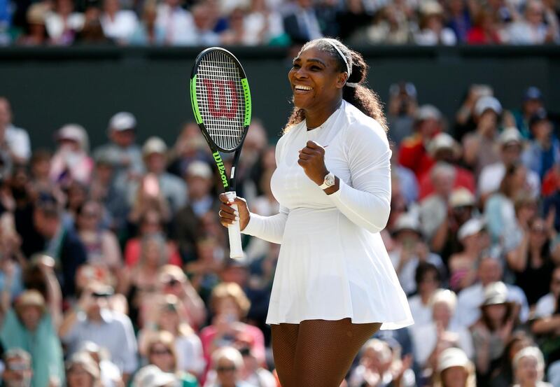 epa06878259 Serena Williams of the US celebrates her win over Camila Giorgi of Italy in their quarter final match during the Wimbledon Championships at the All England Lawn Tennis Club, in London, Britain, 10 July 2018. EPA/NIC BOTHMA EDITORIAL USE ONLY/NO COMMERCIAL SALES