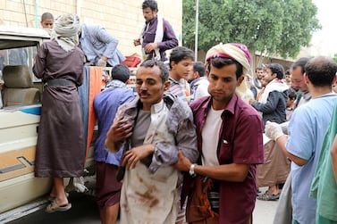 A man injured by an air strike on a market in Yemen's Saada province arrives to receive medical attention at a local Al Jomhouri hospital in Saada, Yemen July 29, 2019. Reuters 